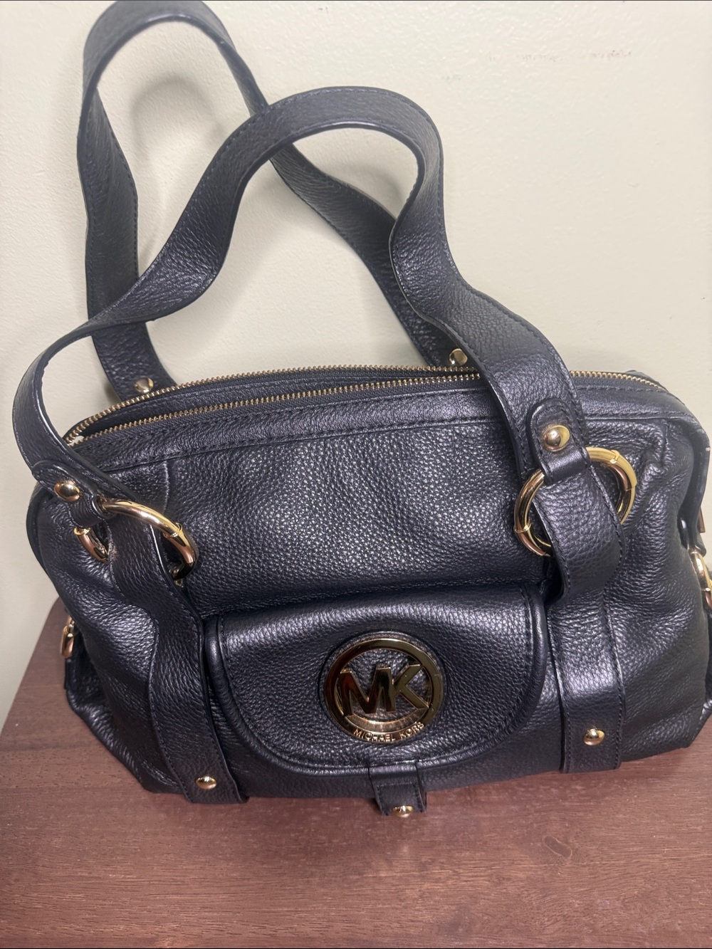 Michael Kors Black Pebbled Leather Shoulder Bag with Gold Accents